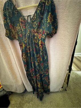 Floral Teal Midi Dress with Puff Sleeves